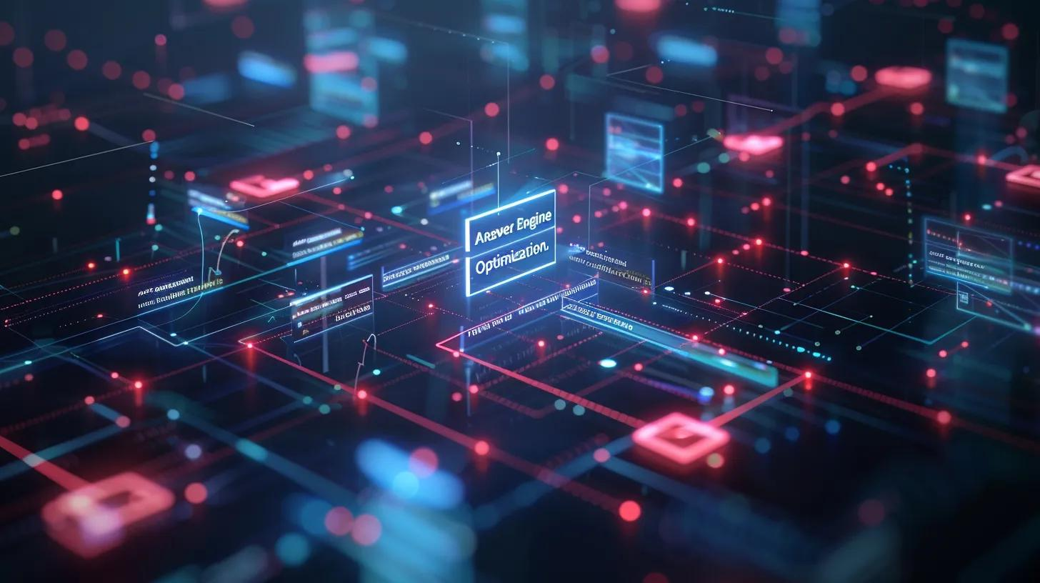 Digital network visualization with "Answer Engine Optimization" highlighted, representing AI Search Optimization concepts for business growth.