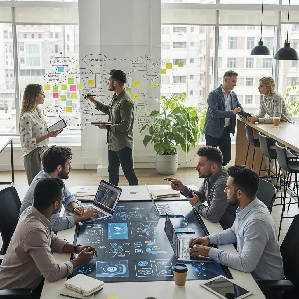 Team collaborating on AI implementation strategies in a modern office, discussing concepts like machine learning and data ethics, with laptops and a whiteboard filled with notes and diagrams.
